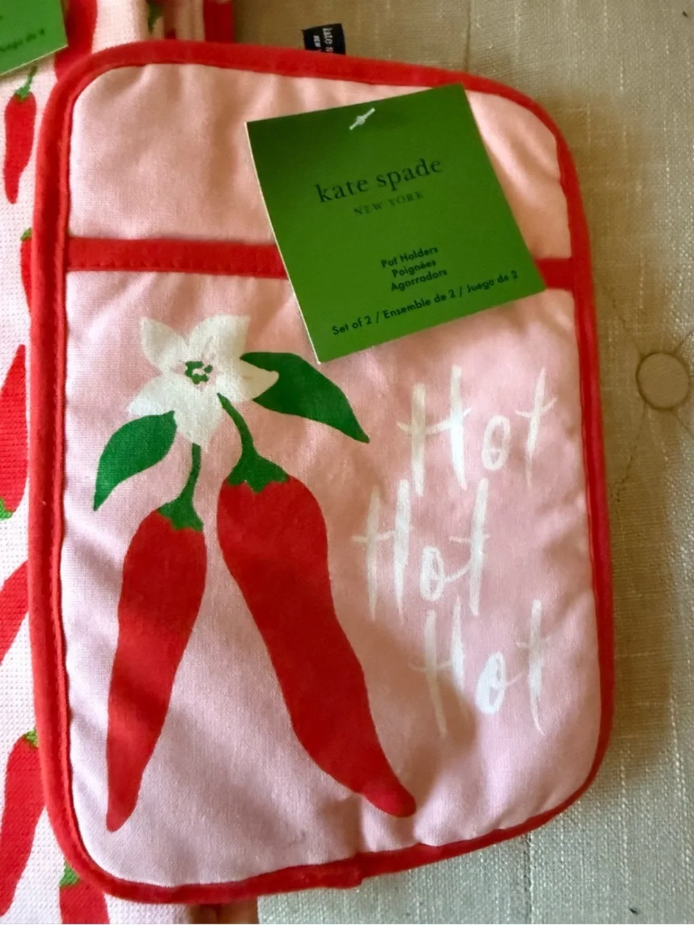 Kate Spade Hot Hot Hot Chili Pepper Kitchen Towel Set & Pot Holder Bundle